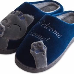 Geweo Home Sloffen - Open Sloffen - Kerstmis - Kerstfeest - Christmas Gift - Koraal Fleece Pantoffels Dames - Leuk Katje - Blauw - Maat 41/42