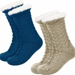 JAXY Huissokken - Huissokken Dames En Heren - Verwarmde Sokken - Anti Slip Sokken - Fleece Sokken - Dikke Sokken - Fluffy Sokken - Slofsokken - Warme Sokken - Bedsokken - Gevoerde Sokken - Winter Sokken - 2 Paar - Petrol + Beige