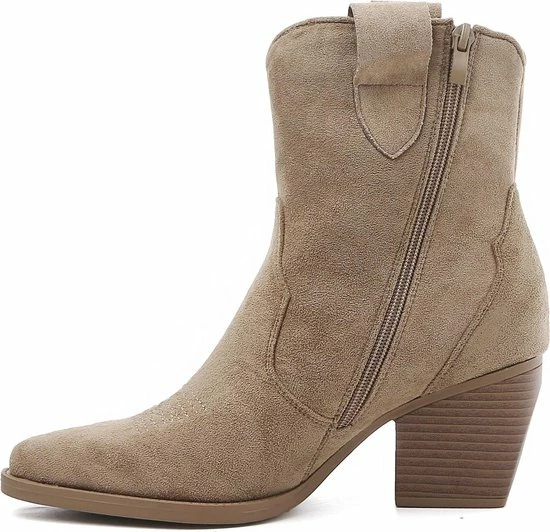 Weloveshoes SmileFavorites® Dames Cowboylaarzen Met Hak Kort - Suedine - Taupe Khaki - Maat 38 6 Weloveshoes SmileFavorites® Dames Cowboylaarzen Met Hak Kort - Suedine - Taupe Khaki - Maat 38 - Afbeelding 4