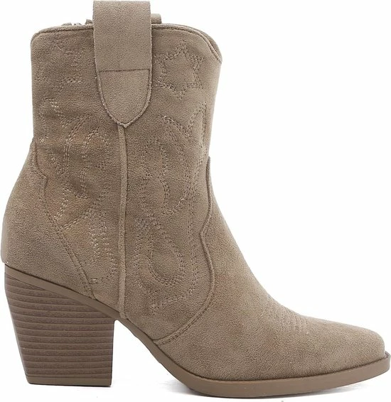 Weloveshoes SmileFavorites® Dames Cowboylaarzen Met Hak Kort - Suedine - Taupe Khaki - Maat 38 3 Weloveshoes SmileFavorites® Dames Cowboylaarzen Met Hak Kort - Suedine - Taupe Khaki - Maat 38
